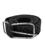 single layered object dyed matte black full grain reverse horse culatta leather belt with a hand forged oxidised .925 sterling silver buckle, expertly hand sewn by independent UK based artisanal designer atelier SKN.
