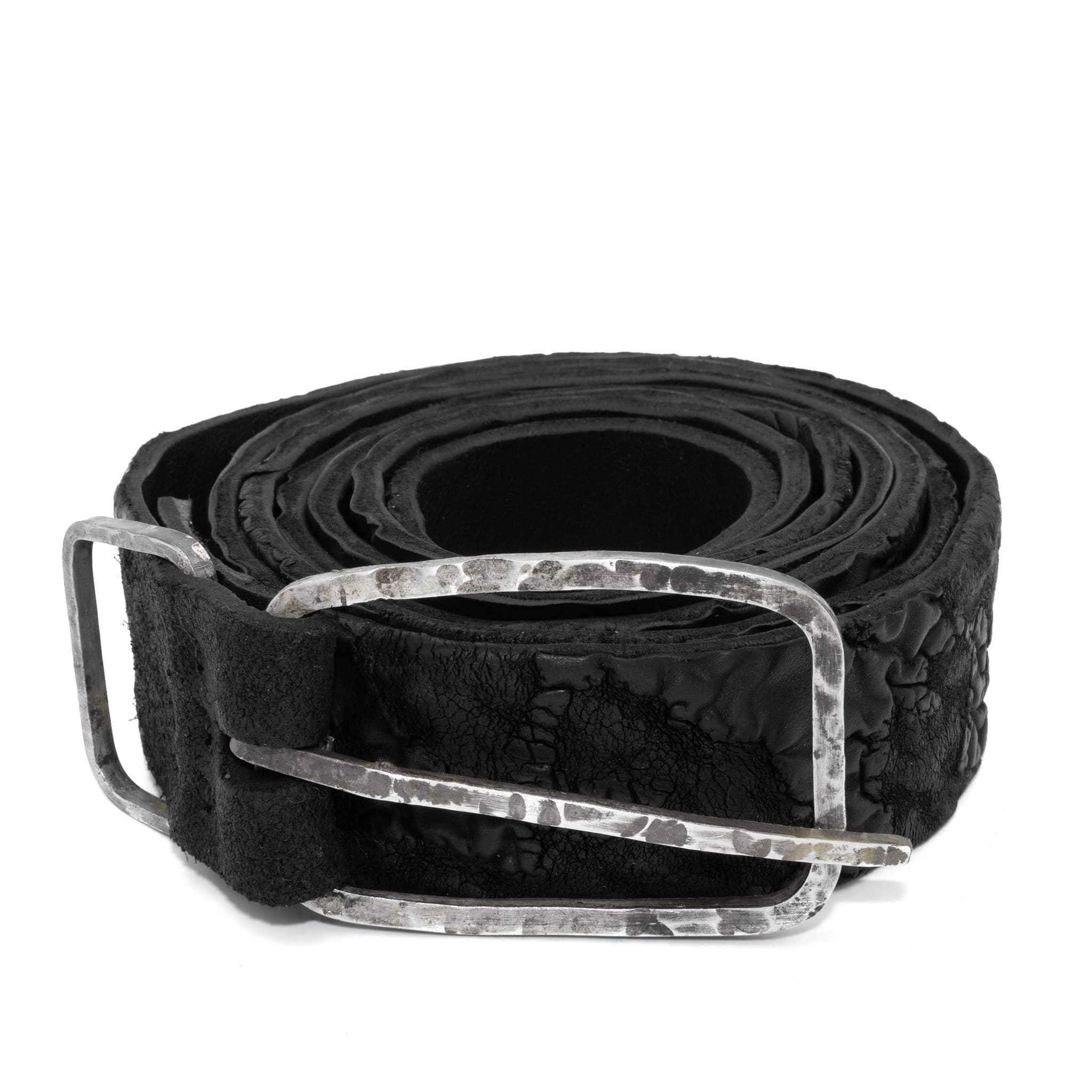 single layered object dyed matte black full grain reverse horse culatta leather belt with a hand forged oxidised .925 sterling silver buckle, expertly hand sewn by independent UK based artisanal designer atelier SKN.
