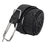single layered object dyed matte black full grain reverse horse culatta leather belt with a hand forged oxidised .925 sterling silver buckle, expertly hand sewn by independent UK based artisanal designer atelier SKN.