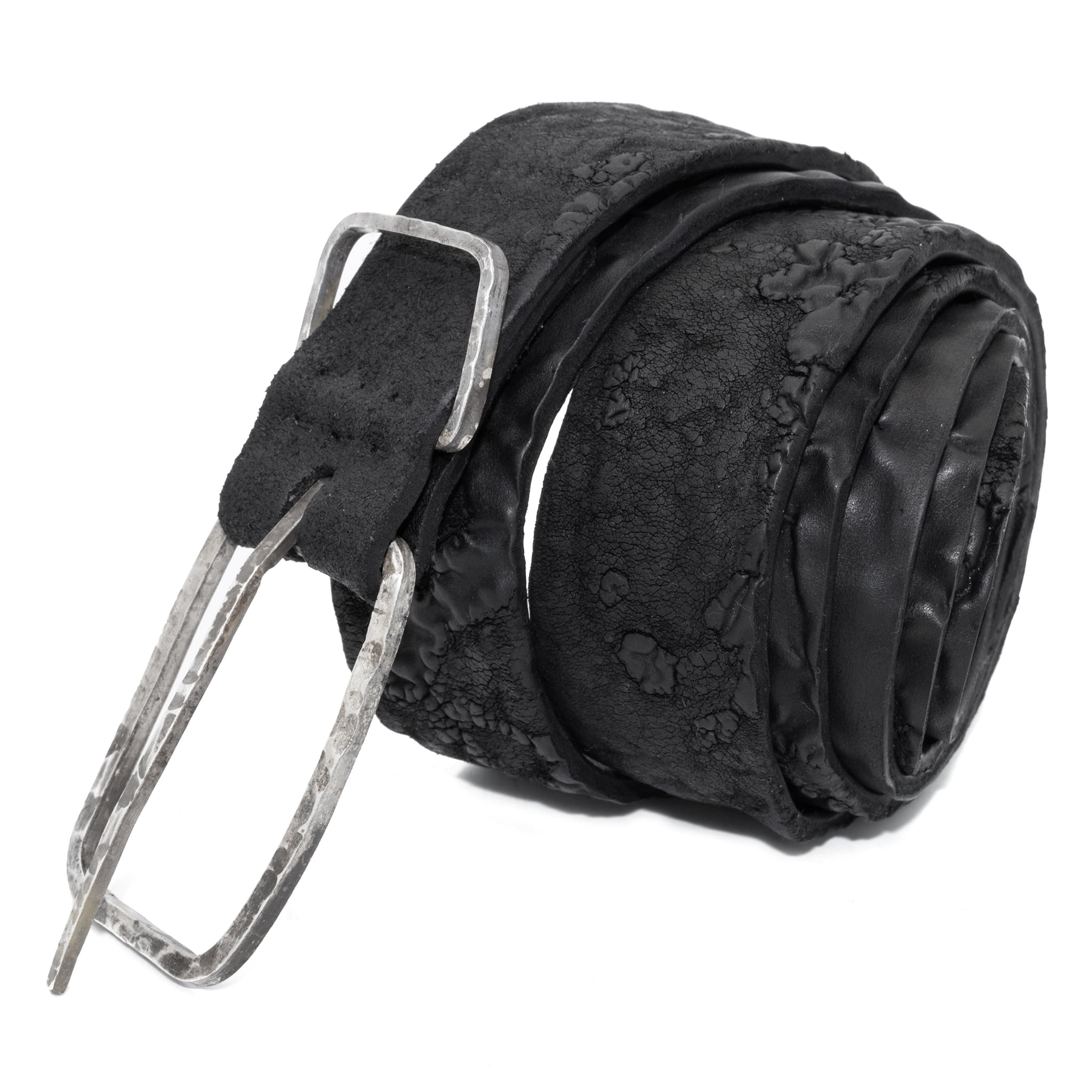 single layered object dyed matte black full grain reverse horse culatta leather belt with a hand forged oxidised .925 sterling silver buckle, expertly hand sewn by independent UK based artisanal designer atelier SKN.