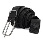 single layered object dyed matte black full grain reverse horse culatta leather belt with a hand forged oxidised .925 sterling silver buckle, expertly hand sewn by independent UK based artisanal designer atelier SKN.