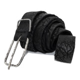single layered object dyed matte black full grain reverse horse culatta leather belt with a hand forged oxidised .925 sterling silver buckle, expertly hand sewn by independent UK based artisanal designer atelier SKN.
