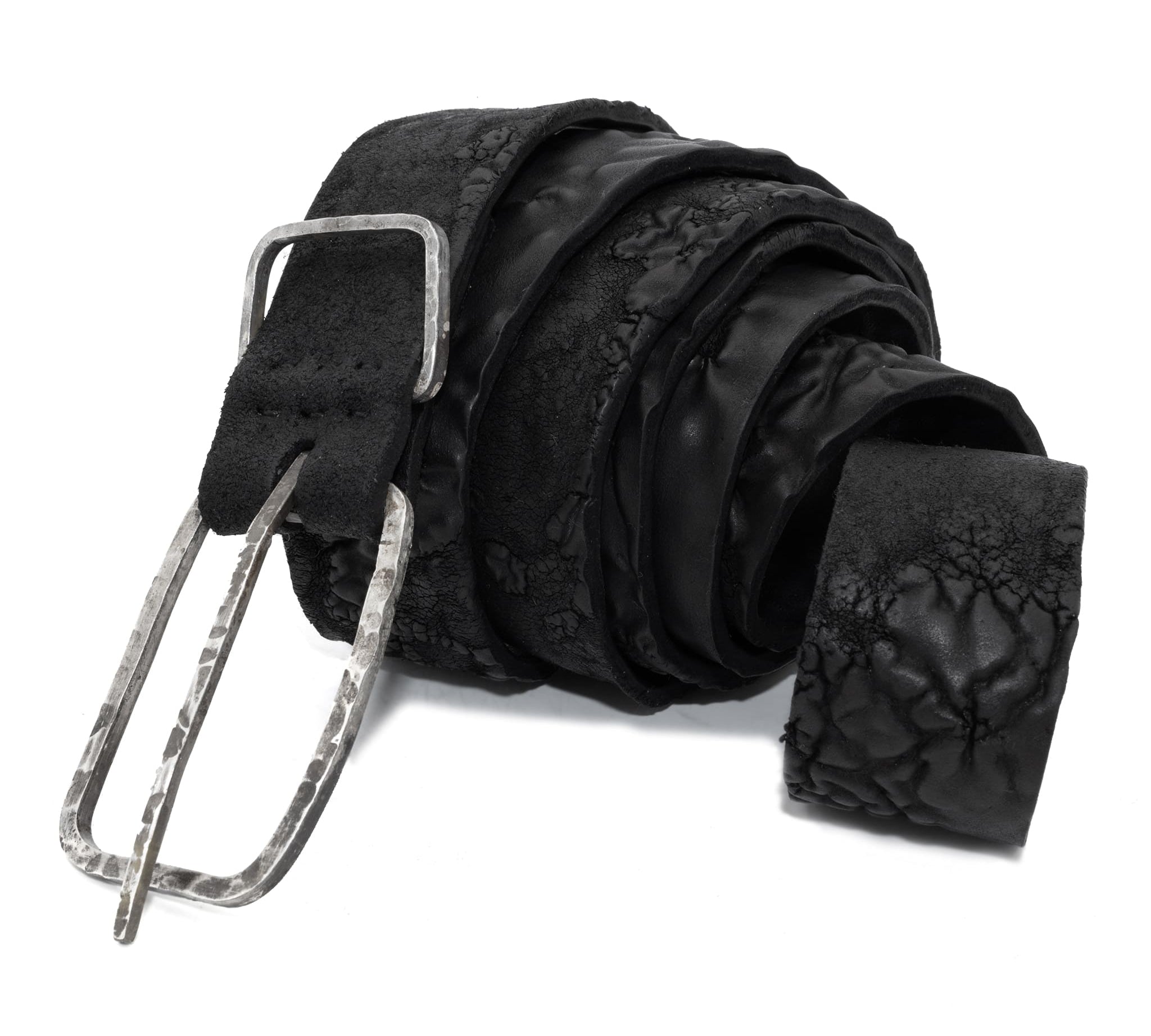 single layered object dyed matte black full grain reverse horse culatta leather belt with a hand forged oxidised .925 sterling silver buckle, expertly hand sewn by independent UK based artisanal designer atelier SKN.