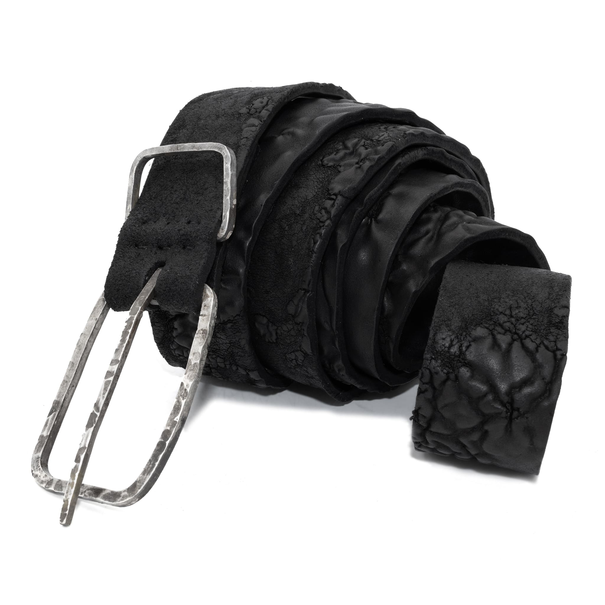 single layered object dyed matte black full grain reverse horse culatta leather belt with a hand forged oxidised .925 sterling silver buckle, expertly hand sewn by independent UK based artisanal designer atelier SKN.