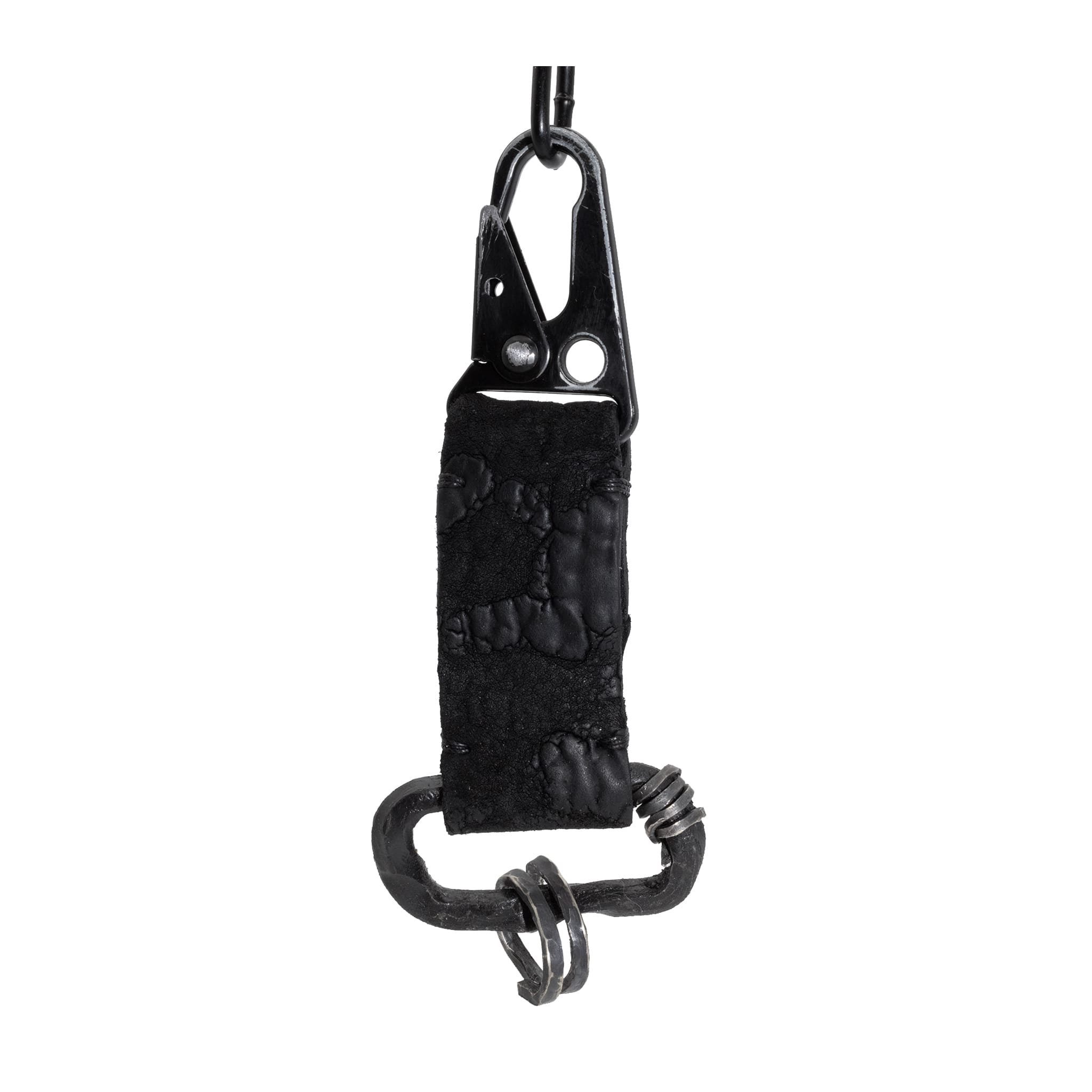 hand stitched black reverse horse culatta leather keychain with a military clip and hand forged iron hardware with .925 sterling silver details.