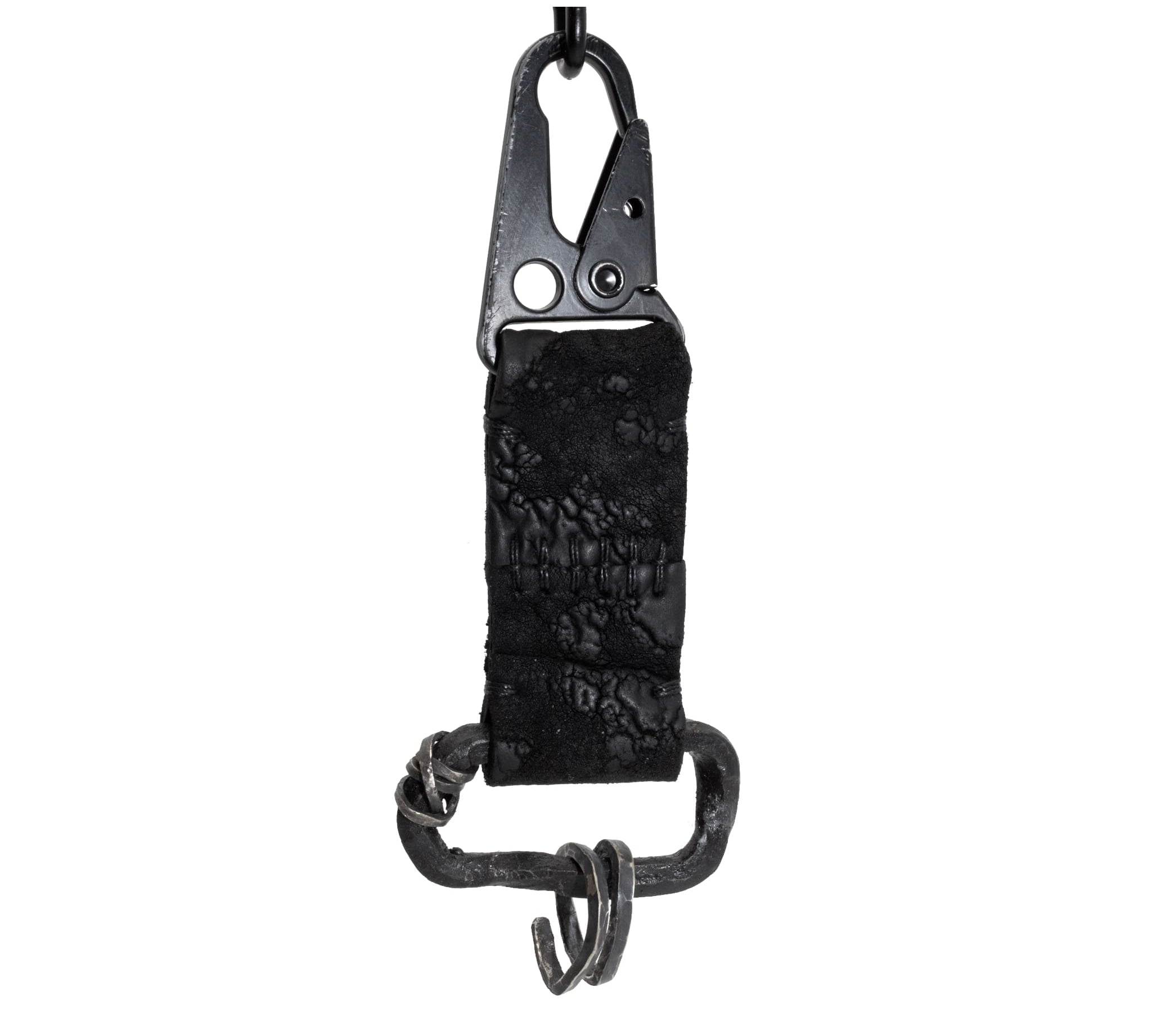 hand stitched black reverse horse culatta leather keychain with a military clip and hand forged iron hardware with .925 sterling silver details.