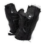 hand stitched over a 40hr period the genuine crocodile leather gloves feature deconstructed open seam panels, and a raw cut vintage french linen lining. with an object dyed finish the gloves are then wet moulded on the body over an 8 hour period for a sculptured aesthetic. the gloves are available to buy online from avant garde leather studio atelierskn.com