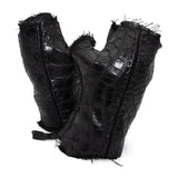 hand stitched over a 40hr period the genuine crocodile leather gloves feature deconstructed open seam panels, and a raw cut vintage french linen lining. with an object dyed finish the gloves are then wet moulded on the body over an 8 hour period for a sculptured aesthetic. the gloves are available to buy online from avant garde leather studio atelierskn.com