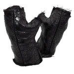 hand stitched over a 40hr period the genuine crocodile leather gloves feature deconstructed open seam panels, and a raw cut vintage french linen lining. with an object dyed finish the gloves are then wet moulded on the body over an 8 hour period for a sculptured aesthetic. the gloves are available to buy online from avant garde leather studio atelierskn.com