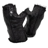 hand stitched over a 40hr period the genuine crocodile leather gloves feature deconstructed open seam panels, and a raw cut vintage french linen lining. with an object dyed finish the gloves are then wet moulded on the body over an 8 hour period for a sculptured aesthetic. the gloves are available to buy online from avant garde leather studio atelierskn.com