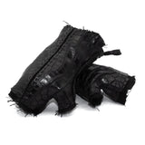 hand stitched over a 40hr period the genuine crocodile leather gloves feature deconstructed open seam panels, and a raw cut vintage french linen lining. with an object dyed finish the gloves are then wet moulded on the body over an 8 hour period for a sculptured aesthetic. the gloves are available to buy online from avant garde leather studio atelierskn.com