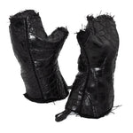 hand stitched over a 40hr period the genuine crocodile leather gloves feature deconstructed open seam panels, and a raw cut vintage french linen lining. with an object dyed finish the gloves are then wet moulded on the body over an 8 hour period for a sculptured aesthetic. the gloves are available to buy online from avant garde leather studio atelierskn.com