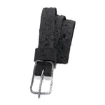 the pyroclastic belt features multiple layers of volcanic ash, sterling silver, burnt bronze layered over 28 days on top of an object dyed matte black full grain reverse horse culatta leather belt. with a hand forged oxidised .925 sterling silver buckle for men and women. expertly hand sewn by independent UK based artisanal designer atelier SKN.
