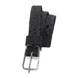the pyroclastic belt features multiple layers of volcanic ash, sterling silver, burnt bronze layered over 28 days on top of an object dyed matte black full grain reverse horse culatta leather belt. with a hand forged oxidised .925 sterling silver buckle for men and women. expertly hand sewn by independent UK based artisanal designer atelier SKN.