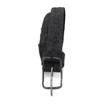 the pyroclastic belt features multiple layers of volcanic ash, sterling silver, burnt bronze layered over 28 days on top of an object dyed matte black full grain reverse horse culatta leather belt. with a hand forged oxidised .925 sterling silver buckle for men and women. expertly hand sewn by independent UK based artisanal designer atelier SKN.