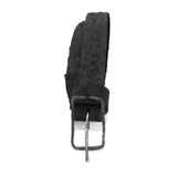 the pyroclastic belt features multiple layers of volcanic ash, sterling silver, burnt bronze layered over 28 days on top of an object dyed matte black full grain reverse horse culatta leather belt. with a hand forged oxidised .925 sterling silver buckle for men and women. expertly hand sewn by independent UK based artisanal designer atelier SKN.