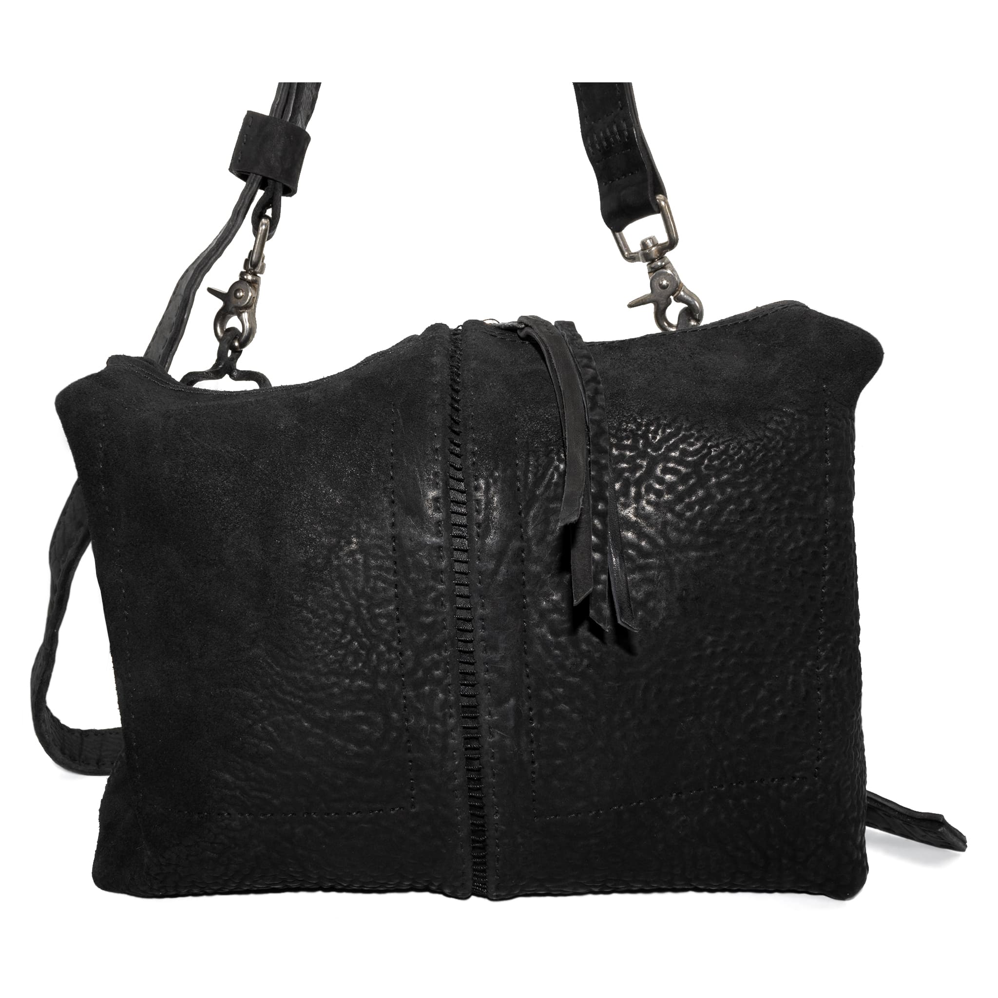 hand stitched over a 50hr period the washed cordovan shoulder bag features an open seam construction, hand forged iron hardware and a riri zipper closure adorned with solid .925 sterling silver zipper pulls. the bag is available to buy online from avant garde leather studio atelierskn.com