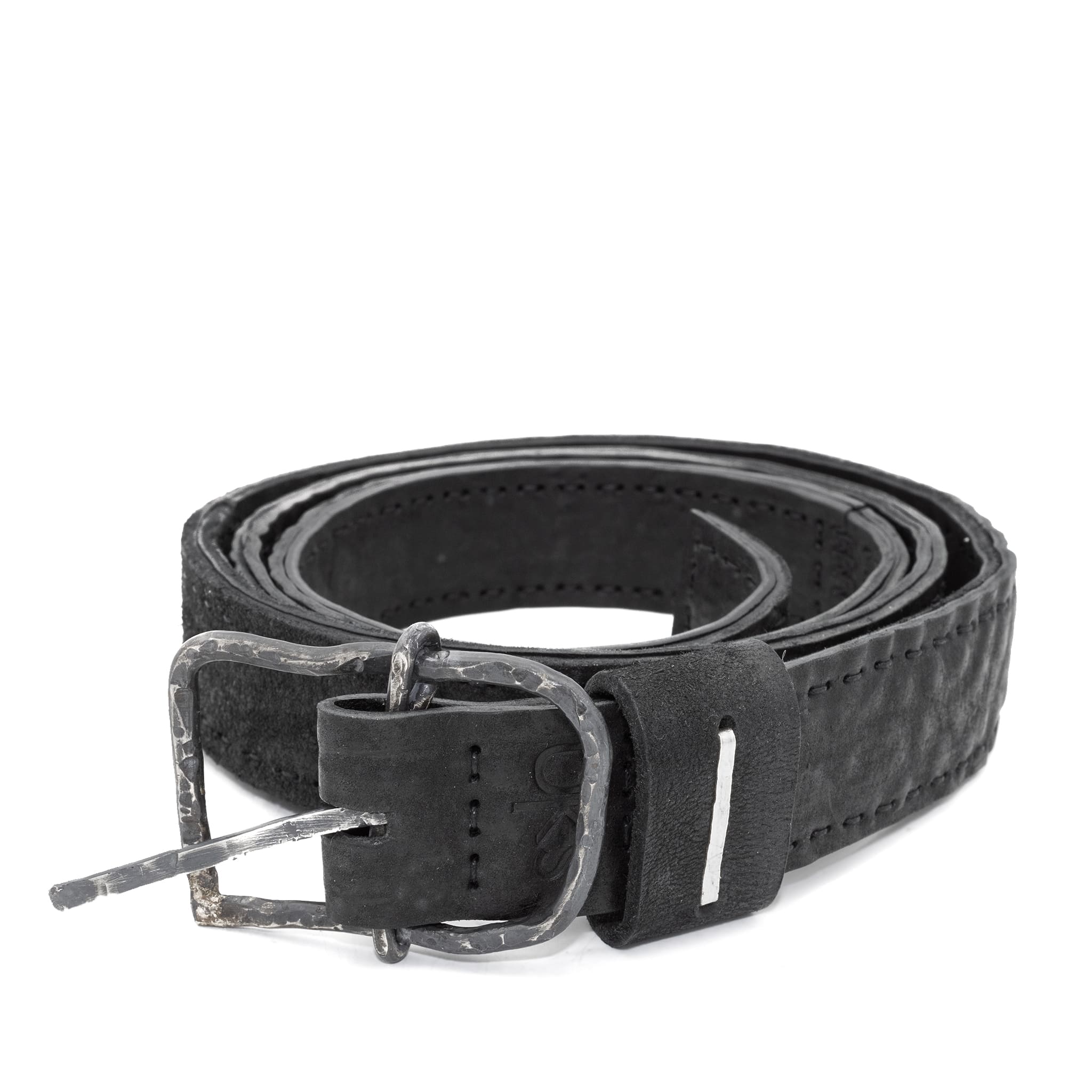 a double layered object dyed matte black full grain reverse horse culatta leather belt with a hand forged slow oxidised .925 sterling silver organic form buckle, expertly hand sewn by independent UK based artisanal designer atelier SKN.
