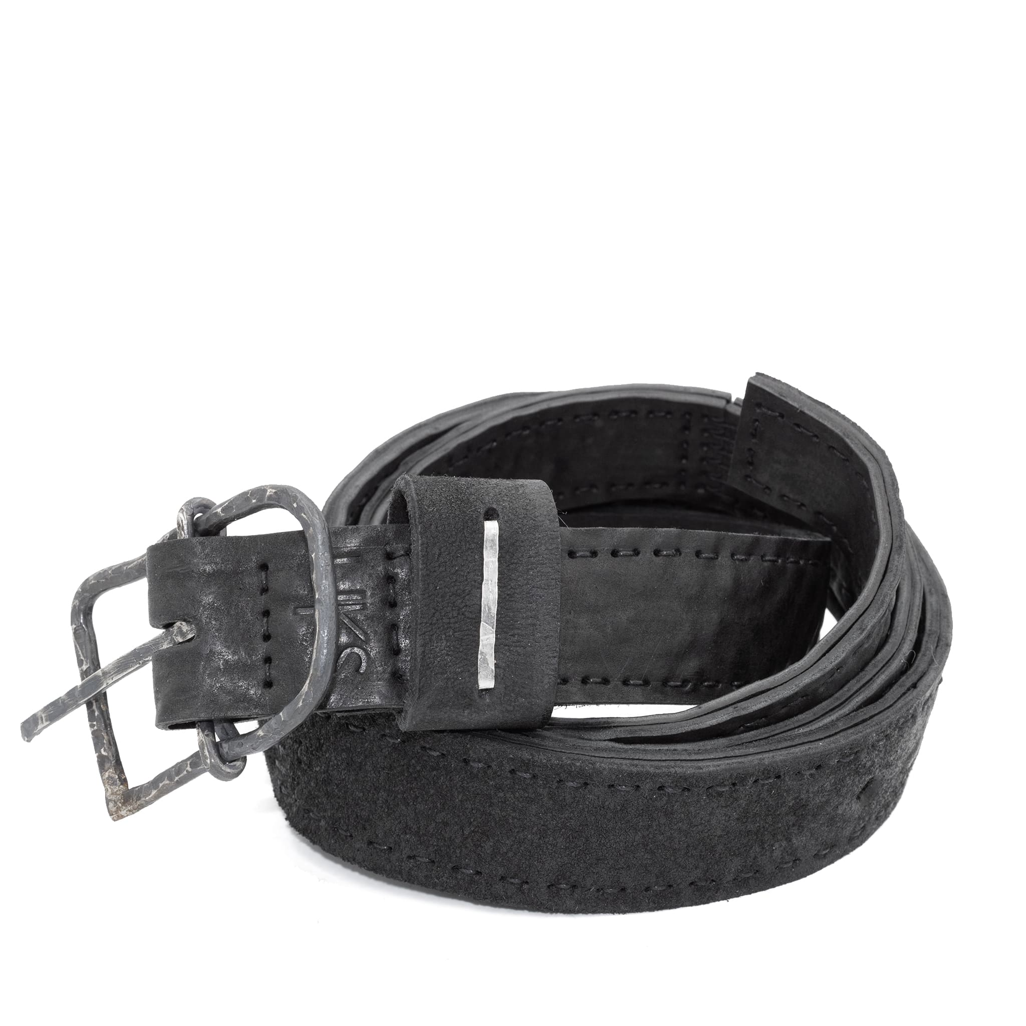 a double layered object dyed matte black full grain reverse horse culatta leather belt with a hand forged slow oxidised .925 sterling silver organic form buckle, expertly hand sewn by independent UK based artisanal designer atelier SKN.
