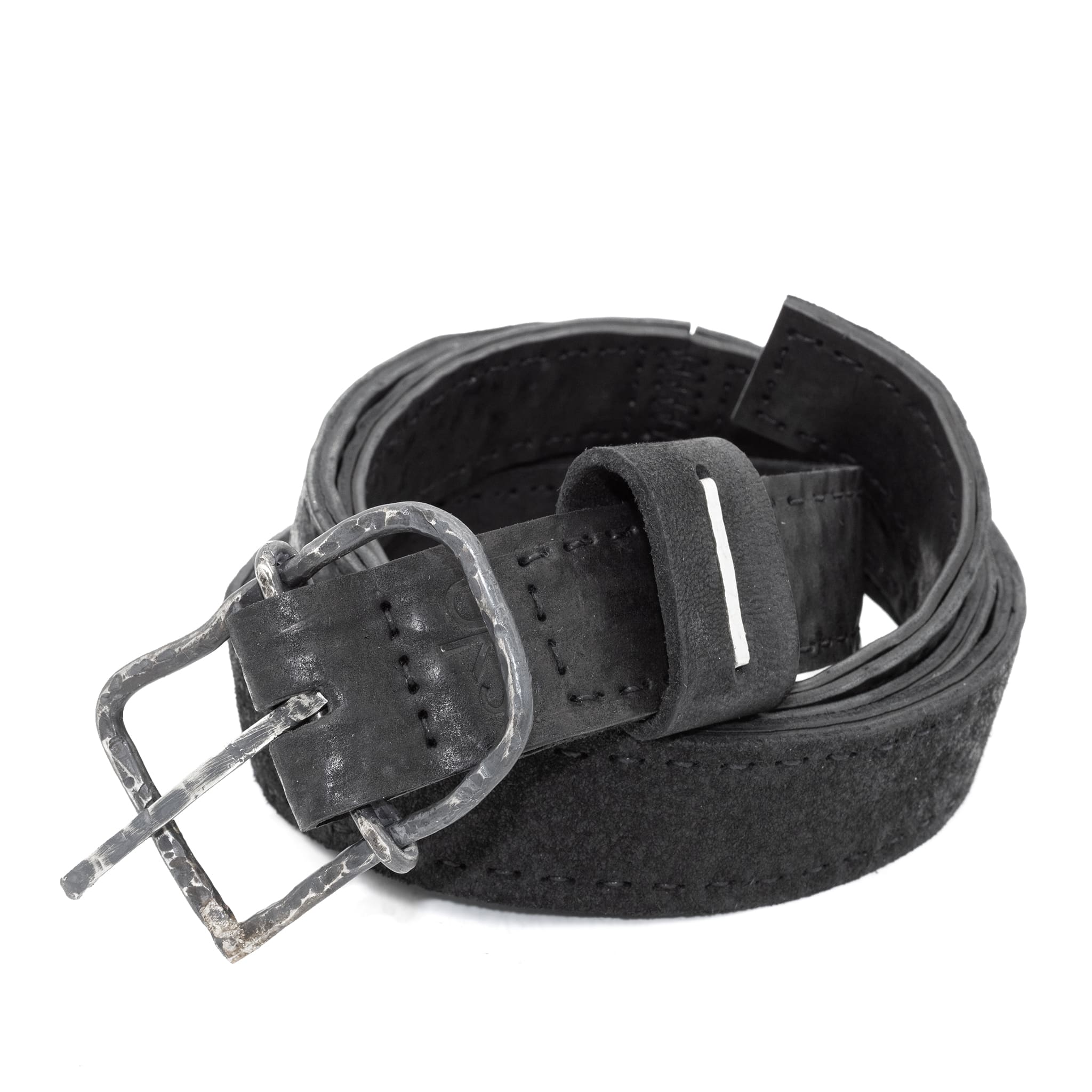 a double layered object dyed matte black full grain reverse horse culatta leather belt with a hand forged slow oxidised .925 sterling silver organic form buckle, expertly hand sewn by independent UK based artisanal designer atelier SKN.