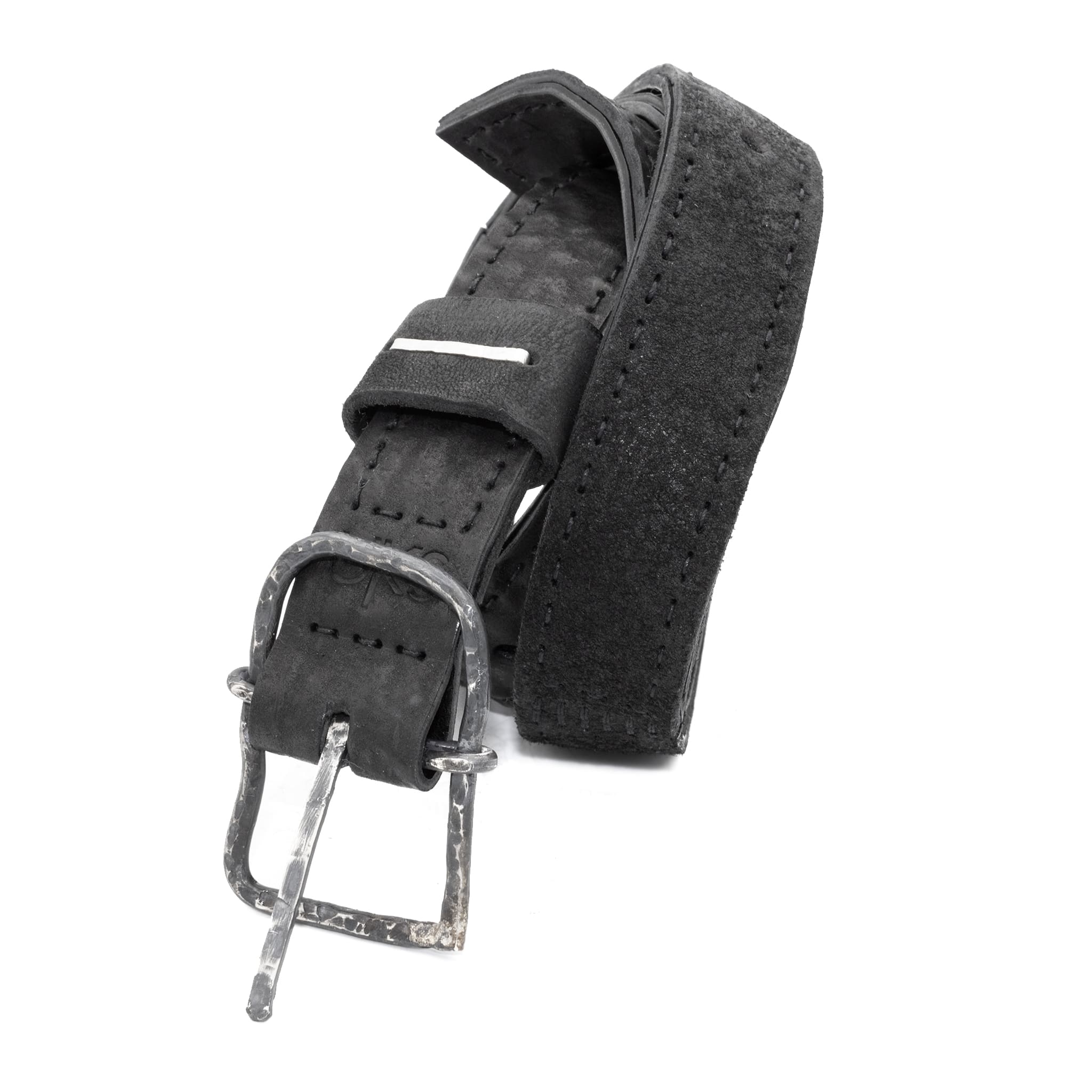 a double layered object dyed matte black full grain reverse horse culatta leather belt with a hand forged slow oxidised .925 sterling silver organic form buckle, expertly hand sewn by independent UK based artisanal designer atelier SKN.