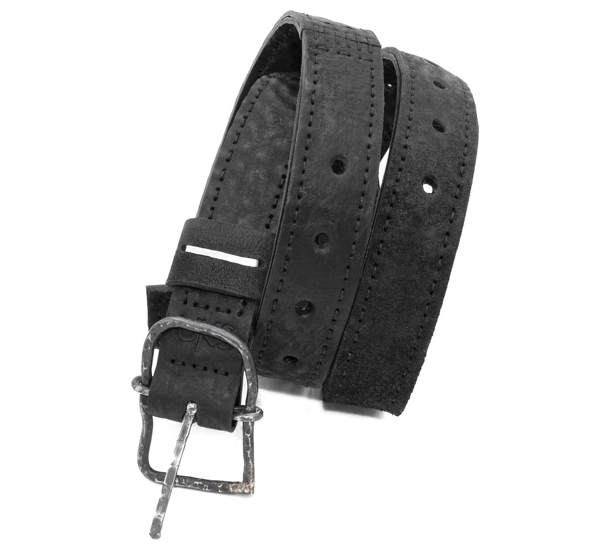 a double layered object dyed matte black full grain reverse horse culatta leather belt with a hand forged slow oxidised .925 sterling silver organic form buckle, expertly hand sewn by independent UK based artisanal designer atelier SKN.