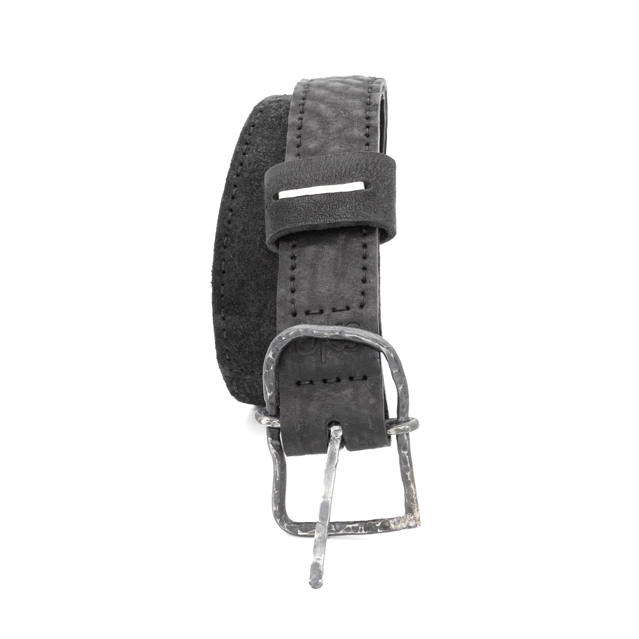 a double layered object dyed matte black full grain reverse horse culatta leather belt with a hand forged slow oxidised .925 sterling silver organic form buckle, expertly hand sewn by independent UK based artisanal designer atelier SKN.