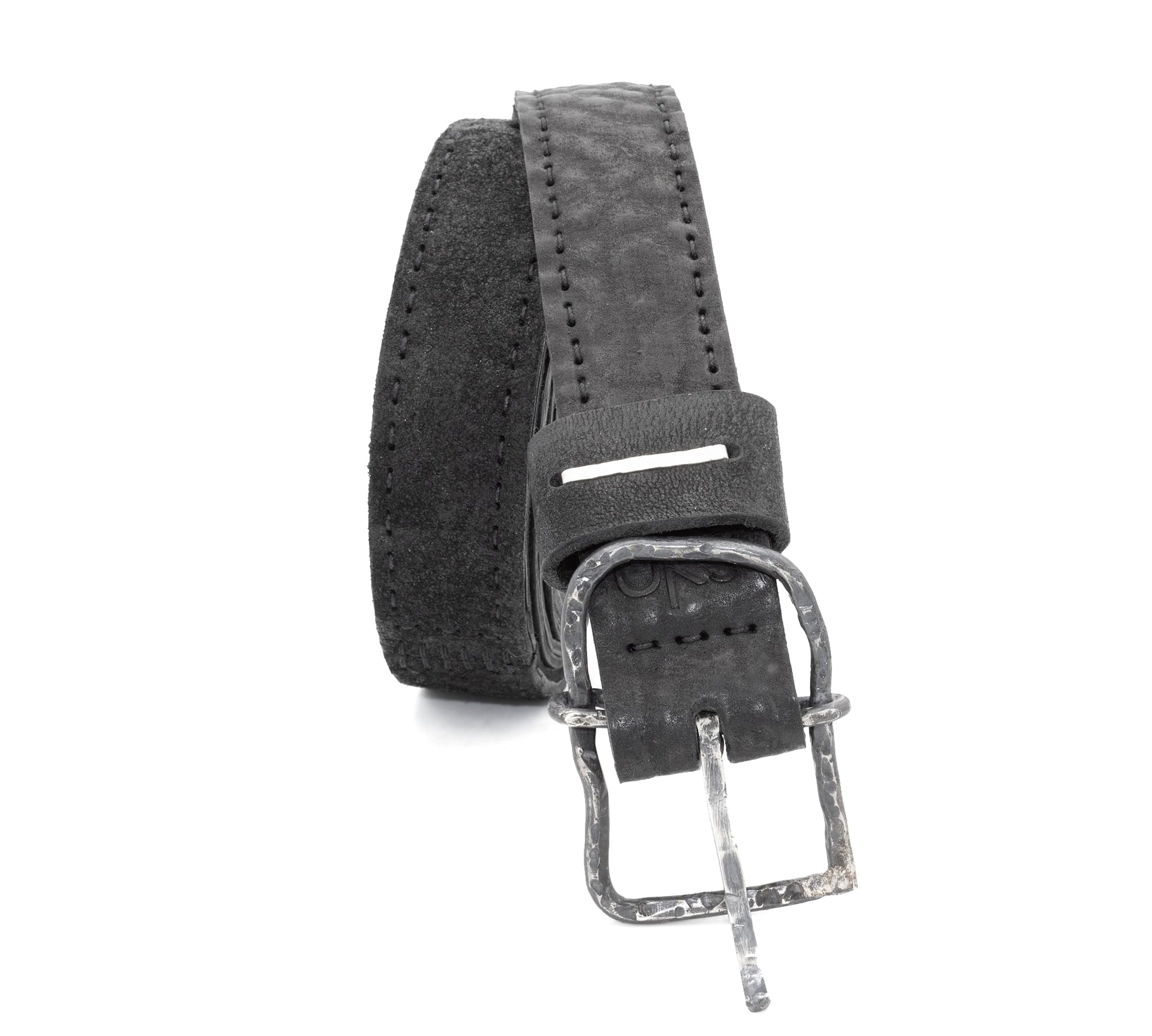 a double layered object dyed matte black full grain reverse horse culatta leather belt with a hand forged slow oxidised .925 sterling silver organic form buckle, expertly hand sewn by independent UK based artisanal designer atelier SKN.