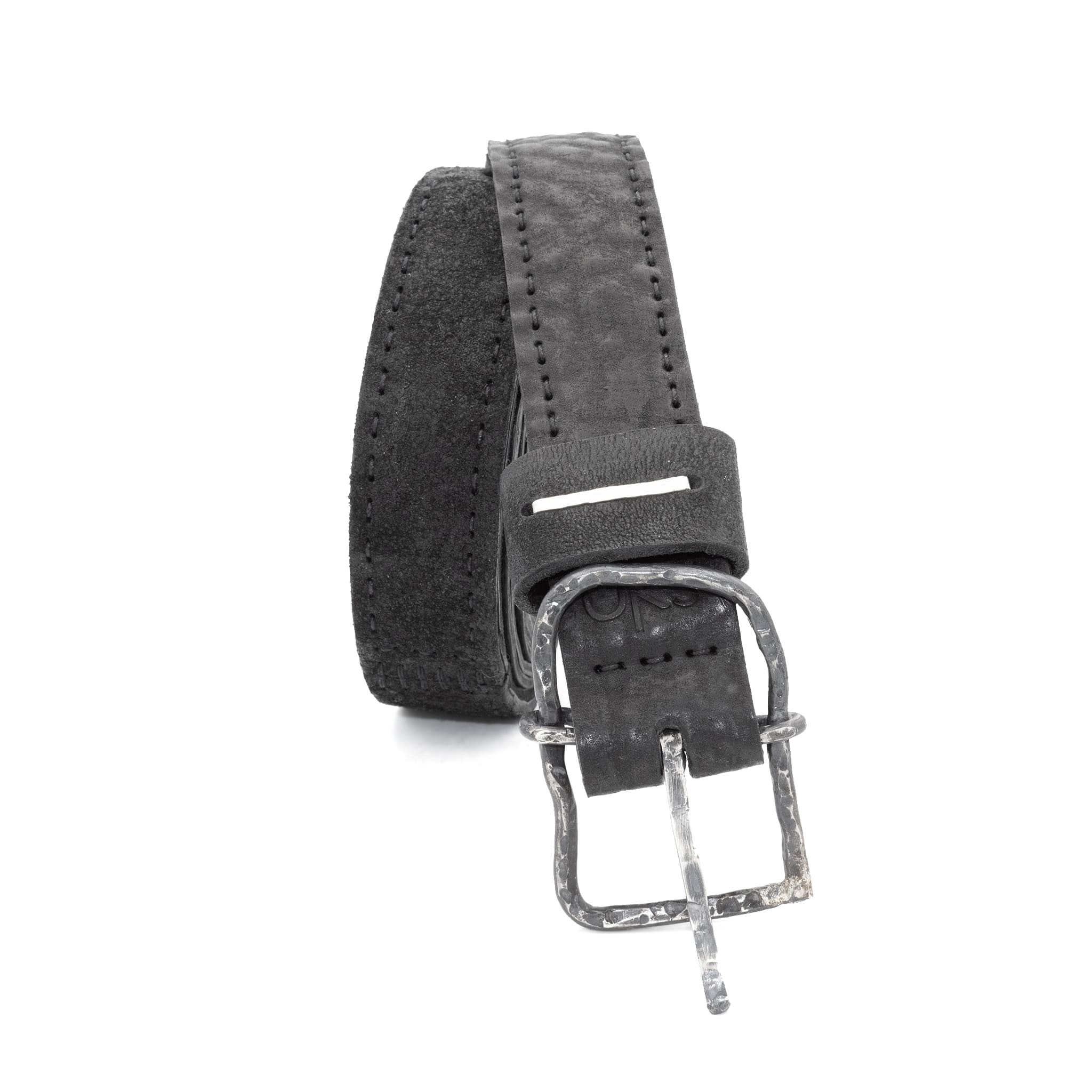 a double layered object dyed matte black full grain reverse horse culatta leather belt with a hand forged slow oxidised .925 sterling silver organic form buckle, expertly hand sewn by independent UK based artisanal designer atelier SKN.
