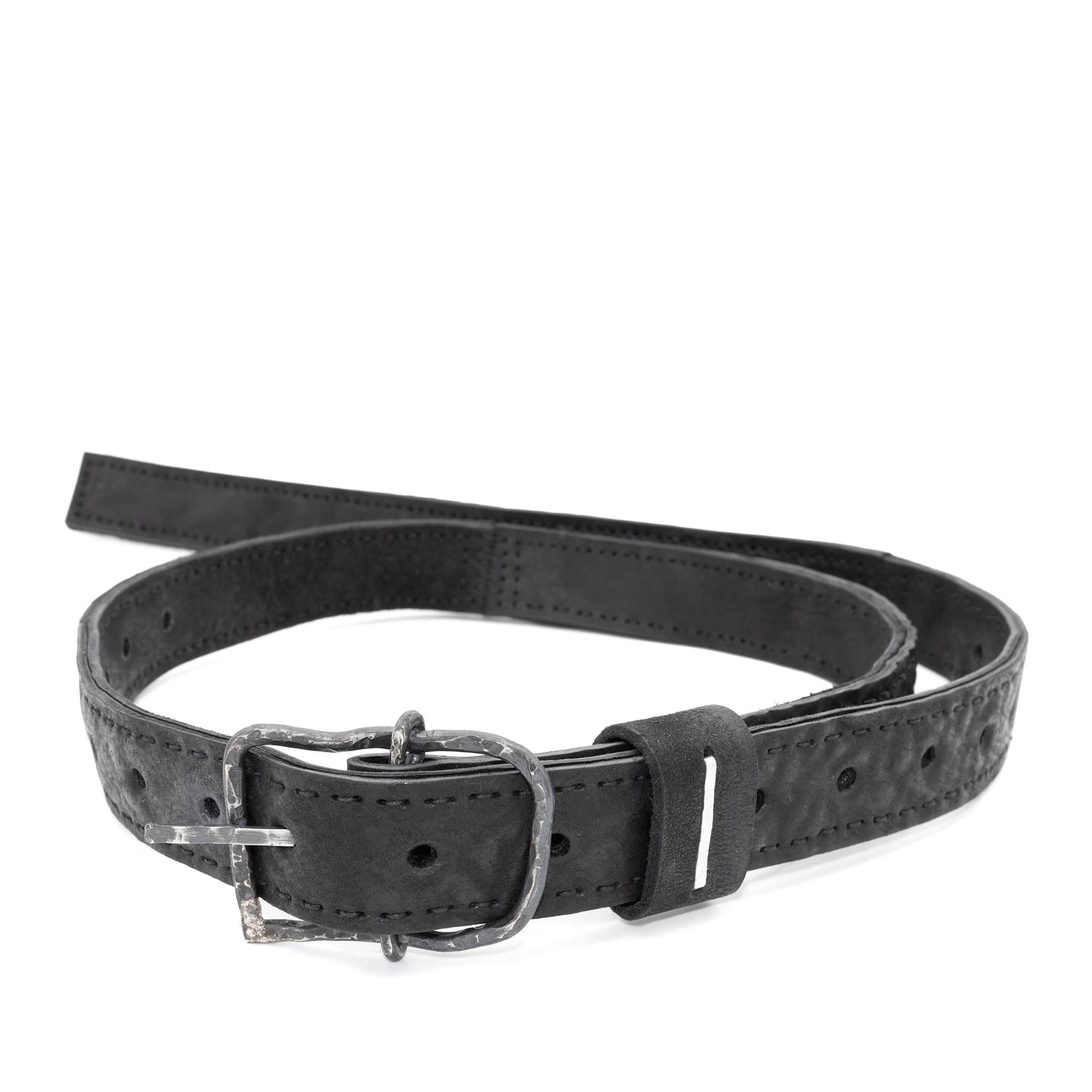 a double layered object dyed matte black full grain reverse horse culatta leather belt with a hand forged slow oxidised .925 sterling silver organic form buckle, expertly hand sewn by independent UK based artisanal designer atelier SKN.
