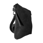 hand sewn avant garde black leather shoulder bag from atelier skn.